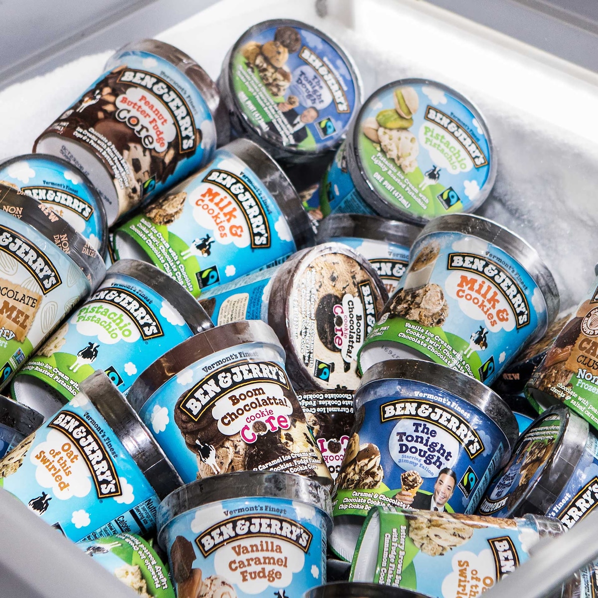 Pints of ice cream in a freezer