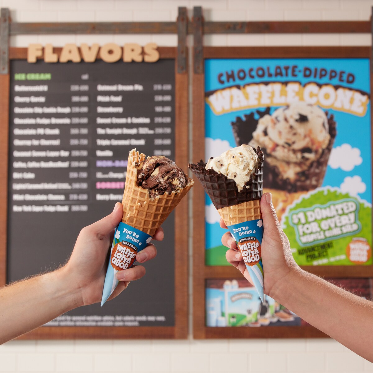 Ben & Jerry's ice cream pints floating in colorful inner tubes in a pool. Cool summer vibes.