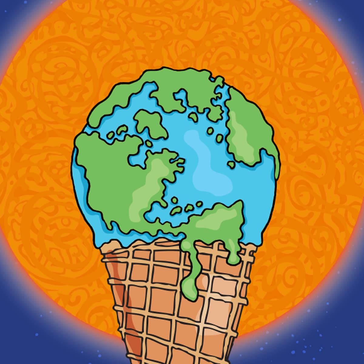 melting Earth sitting in ice cream cone with sun behind it 