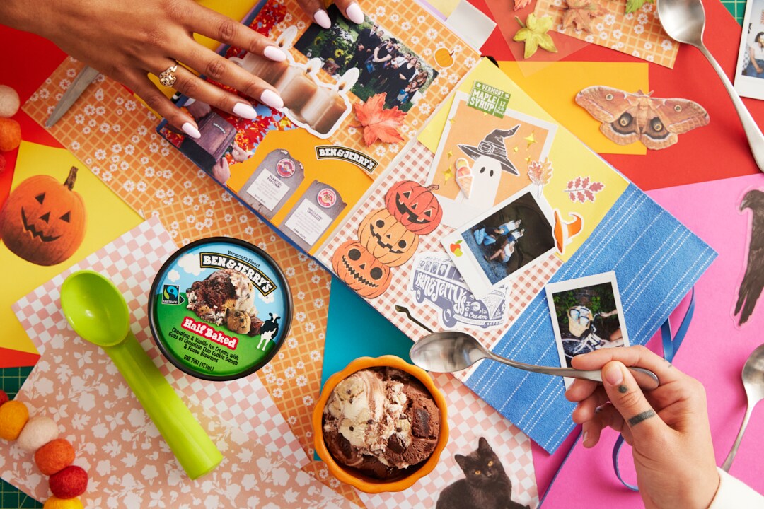 Junk journal project for fall, featuring Ben & Jerry's Half Baked ice cream.