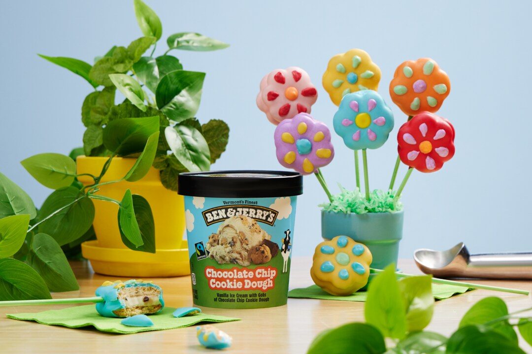 Ben & Jerry's Spring Flower Pops with a pint of Ben & Jerry's Chocolate Chip Cookie Dough ice cream