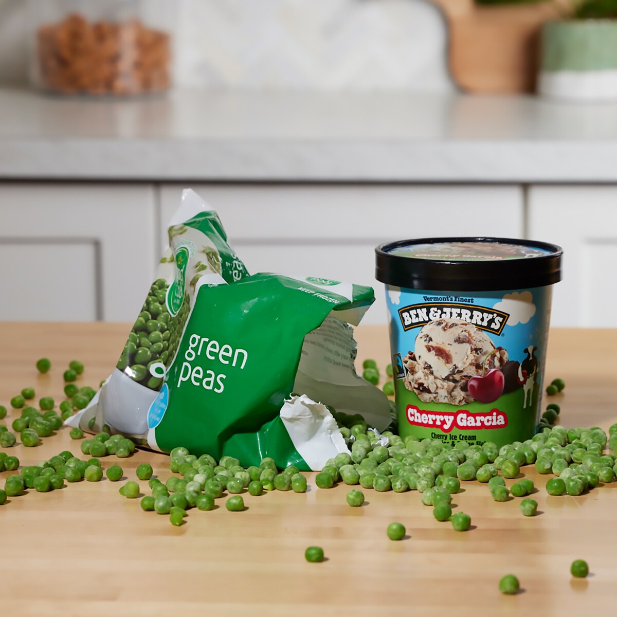 Ben & Jerry's Ice Cream with a bag of peas