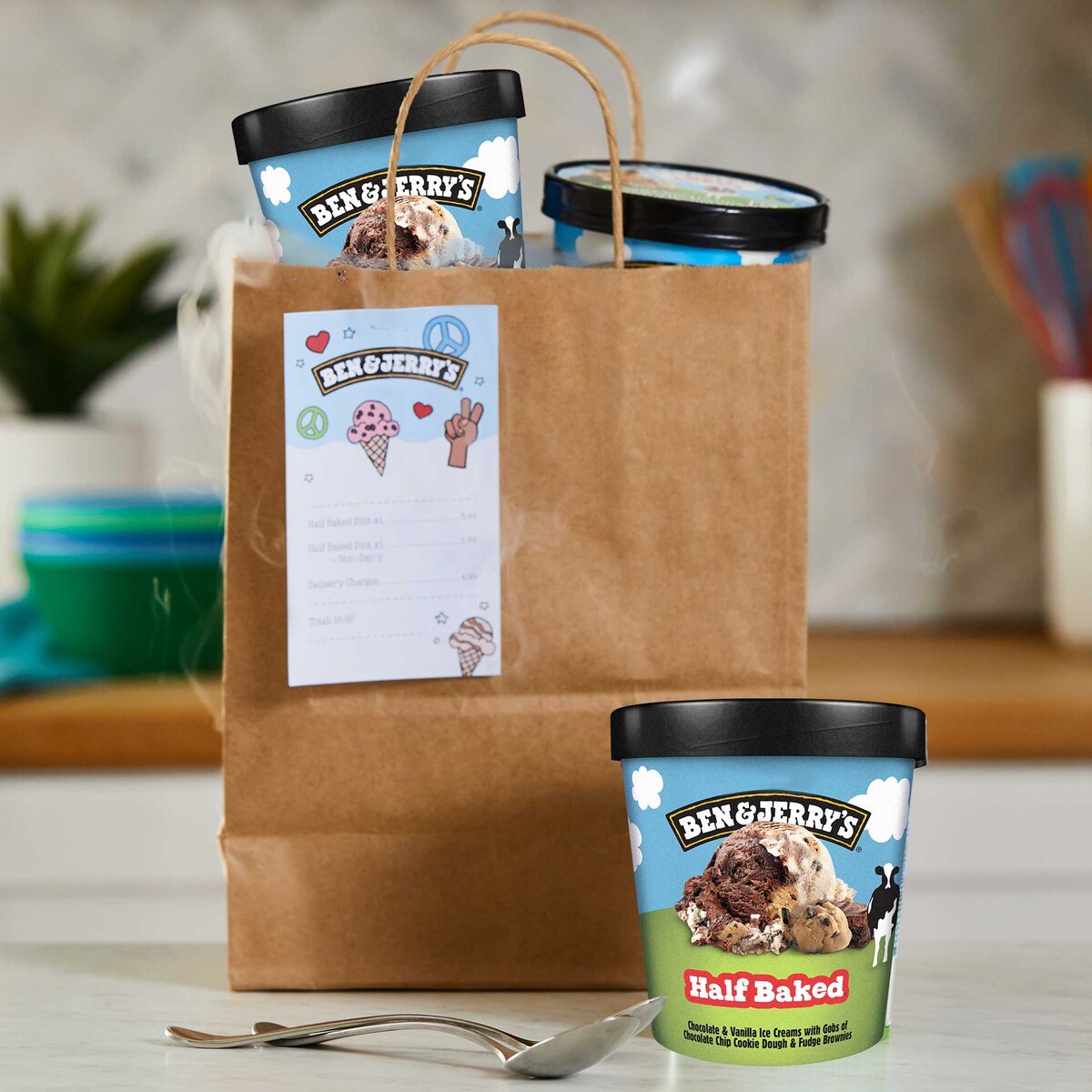 Ice cream pints in a grocery bag