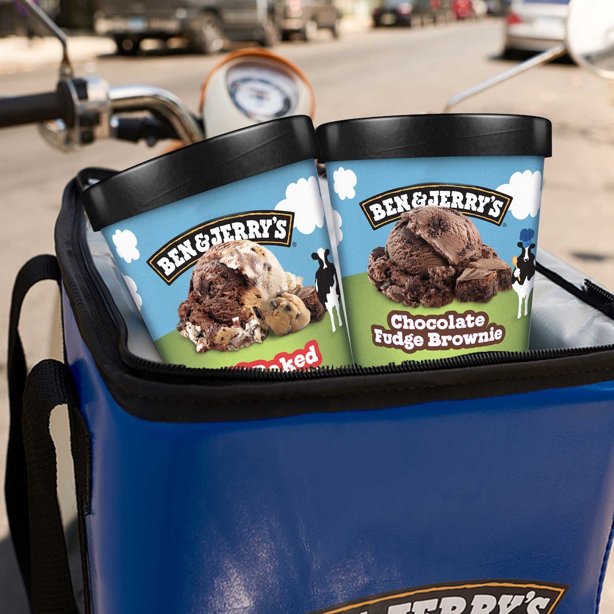 Ice cream pints in a freezer bag