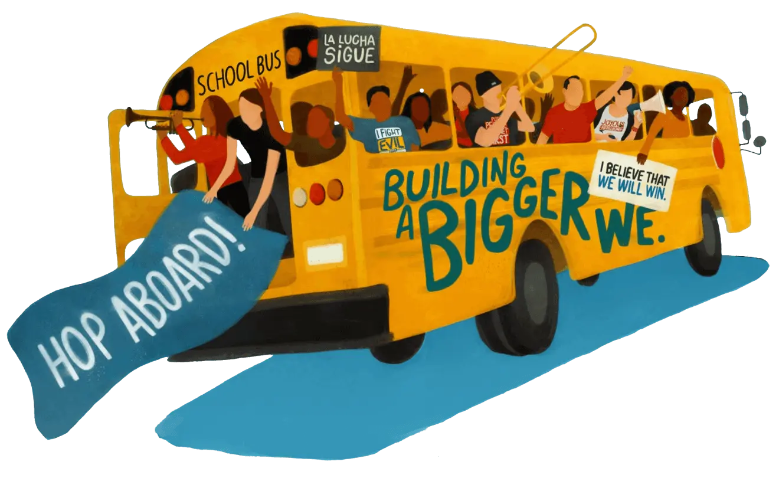 Illustrated school bus filled with protestors