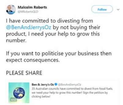 Tweet calling for divestment from fossil fuels