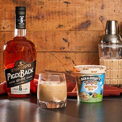 Photo of the Whiskey Biz Cocktail with Ben & Jerry's Whiskey Biz Topped ice cream and WhistlePig Rye whiskey.