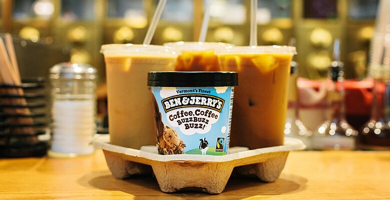A pint of Coffee, Coffee BuzzBuzzBuzz Ben & Jerry's ice cream with cups of iced coffee