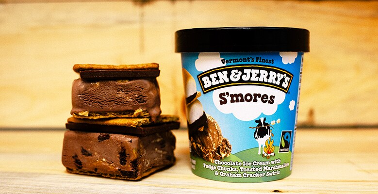 A pint of S'mores Ben & Jerry's ice cream with smores sandwiches