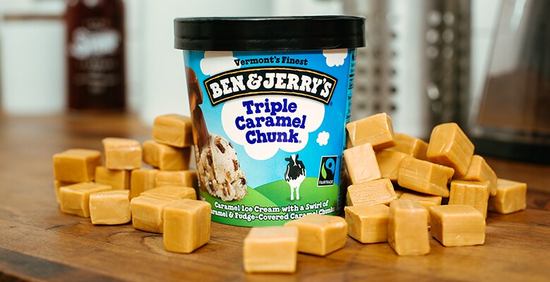 A pint of Triple Caramel Chunk Ben & Jerry's ice cream with chunks of camel pieces
