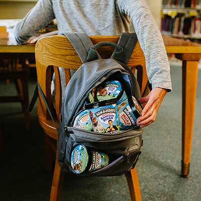 ben & jerry's pints in backpack in class