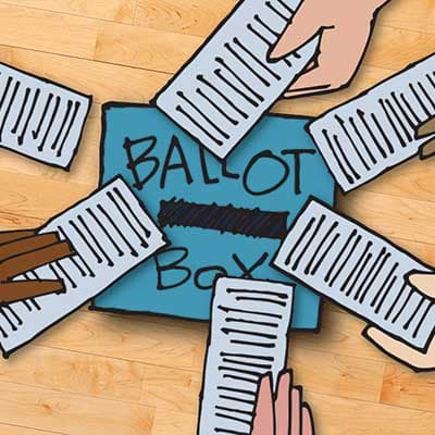 Illustration of hands putting ballots in a ballot box