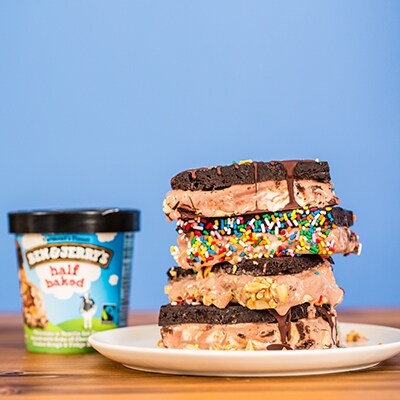 Half baked bars: layers of cookie dough, ice cream and brownies topped with a chocolate drizzle.
