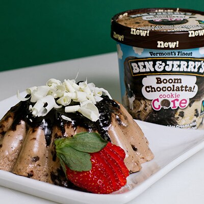 One gorgeous chocolate panna cotta dessert made with Boom Chocolatta Cookie Core ice cream.