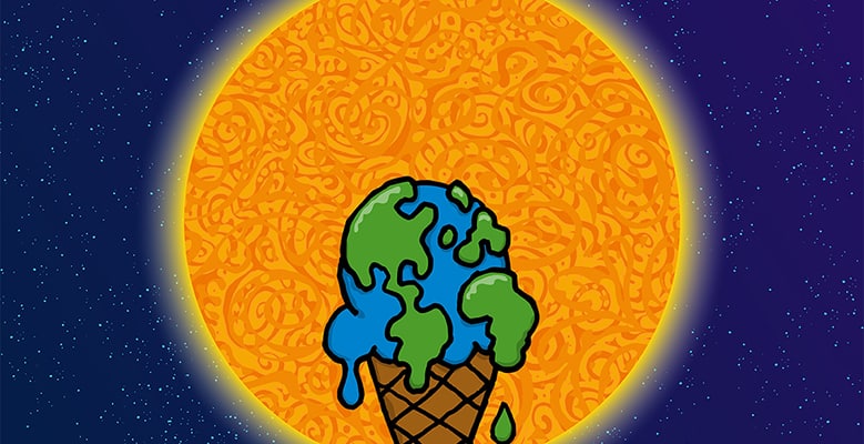 Sstarry skies with sun and a world cone in the middle