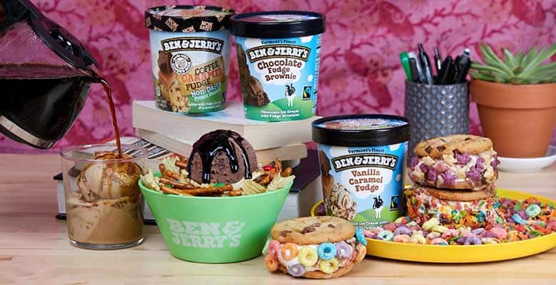 Pints of ice cream, bowls of ice cream and snacks