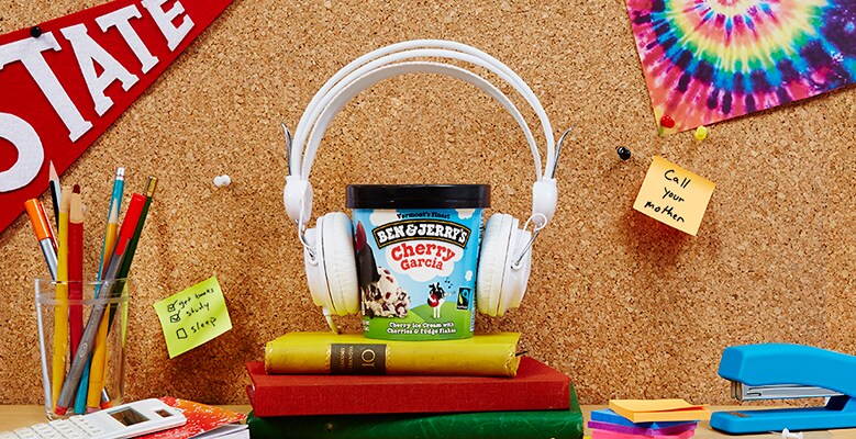 Ben & Jerry’s Cherry Garcia Pint sitting on dorm desk
