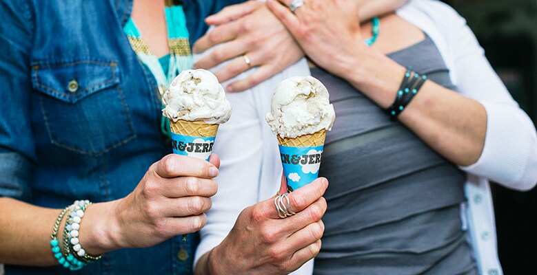 A couple eating ice cream cones