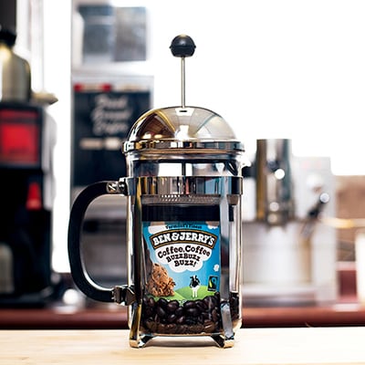 A Pint of Ben& Jerry's Coffee Coffee BuzzBuzzBuzz in a coffee grinder
