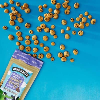 A spilled bag of Chocolate Chip Cookie Dough Chunks
