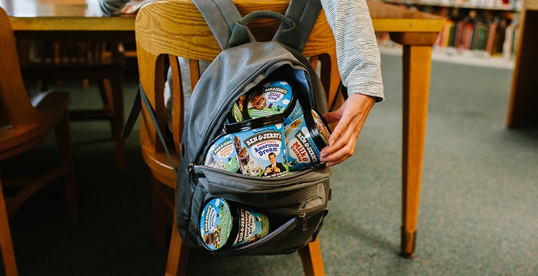 A Backpack filled with Ben & Jerry's Pints