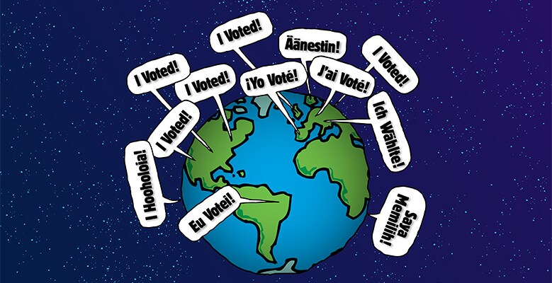 A world globe with I voted signs all over it