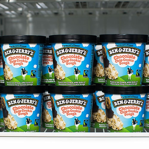 Full freezer of ice cream pints