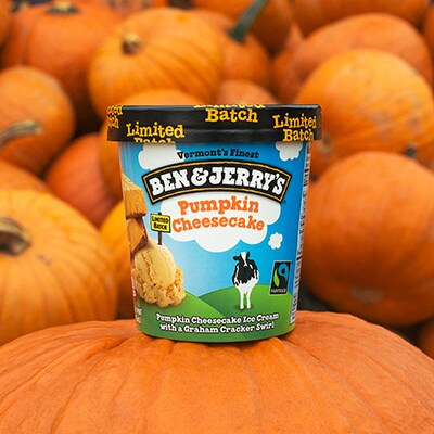 Pint of Ben & Jerry's Pumpkin Cheesecake on a pile of pumpkins