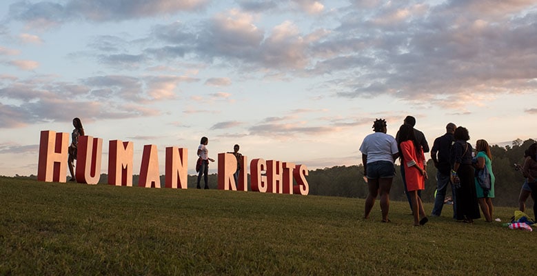 Human Rights sign at the Many Rivers to Cross festival