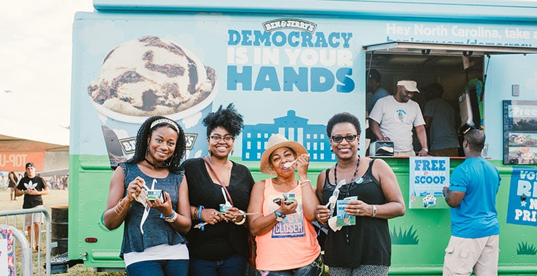 Festival-goers at the Many Rivers to Cross Festival with Ben & Jerry's