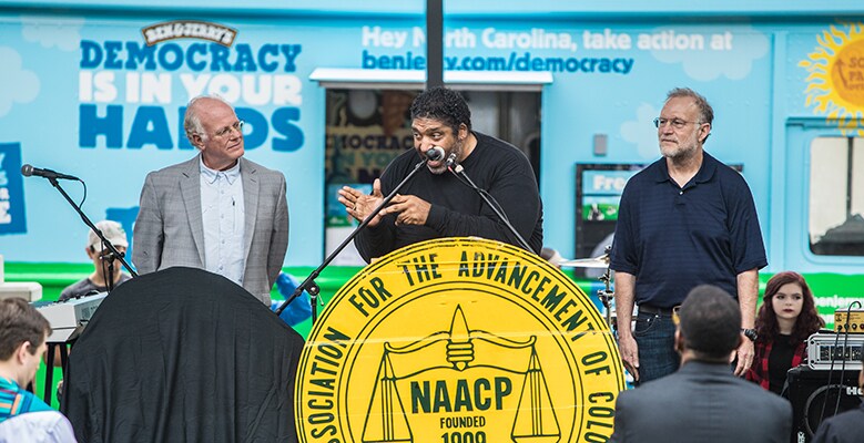 Ben, Jerry, and Reverend Barber at Ben & Jerry's Empower Mint flavor launch.