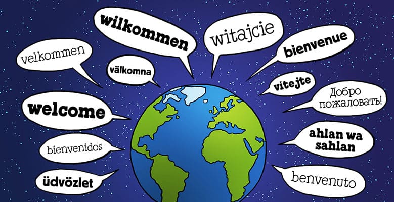 Picture of earth with welcome in many languages