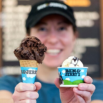 A cup and a cone of Ben & Jerry's Ice Cream