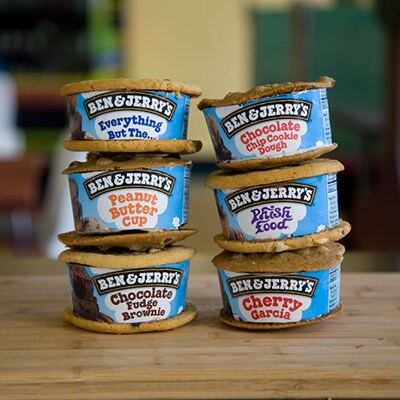 Slices of pints of ice cream between cookies