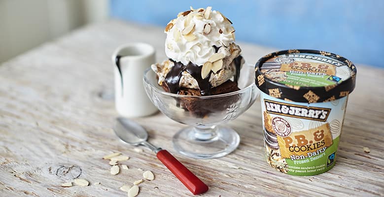 A sundae and a pint of Ben & Jerry's Non-Dairy Ice Cream