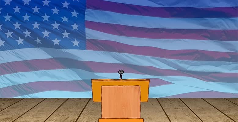 Podium in front of a US flag