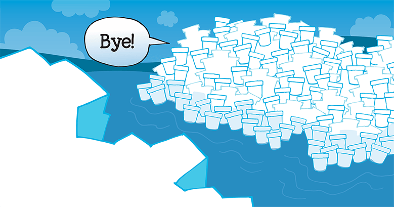 A pile of frozen pints floating in the ocean with a talk bubble that says 'Bye'