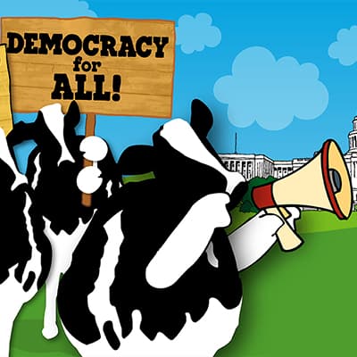 Woody with Democracy for all sign