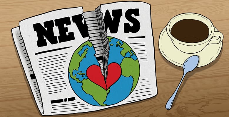 Cartoon of newspaper spit in half and a cup of coffee