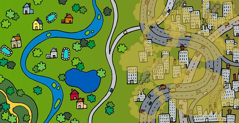 illustration of city with pollution and countryside with clear air