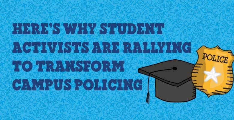 Blue background with text that reads: Here's why student activists are rallying to transform campus policing. Illustration of a police badge and graduation cap.