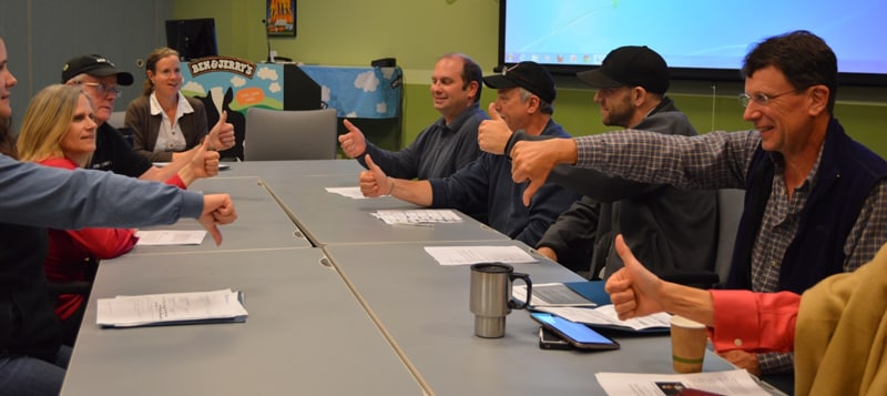 Employees voting thumbs up or down around a table.