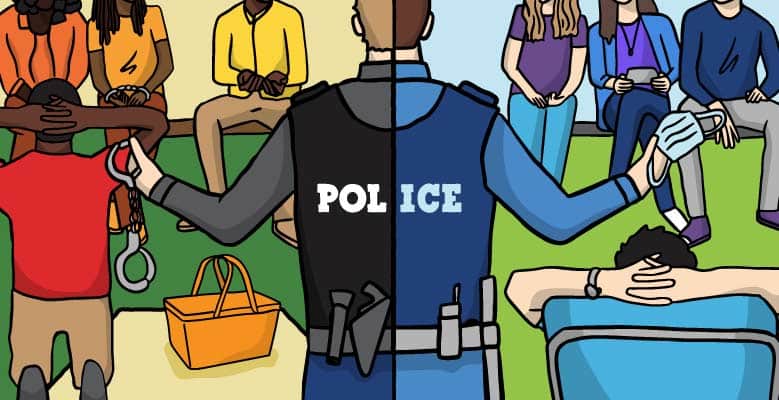 Illustration showing a police officer arresting Black people while helping white people, both groups are gathering similarly outdoors