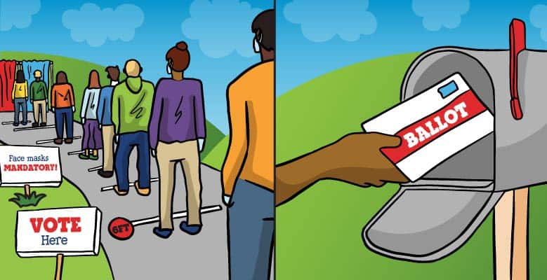 Illustration of people standing in a polling place line, 6 feet apart.