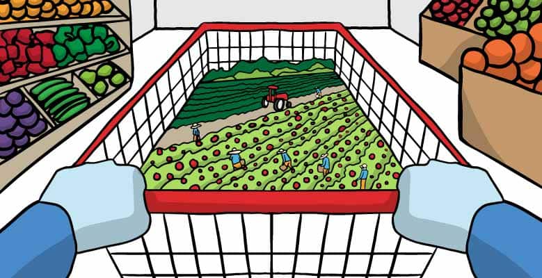 Grocery store cart with field of farm workers inside