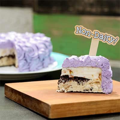 Slice of Ben & Jerry's dairy-free cake made with Non-Dairy frozen dessert