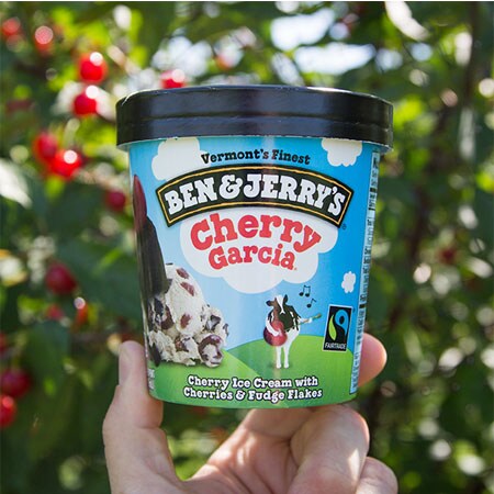 A Pint of Ben & Jerry's Cherry Garcia in an orchard of Cherry Trees