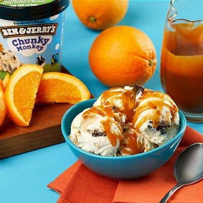 Ben & Jerry's Chunky Monkey with burnt orange caramel sauce