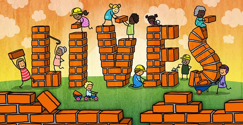 Illustration of people building the letters LIVES with bricks