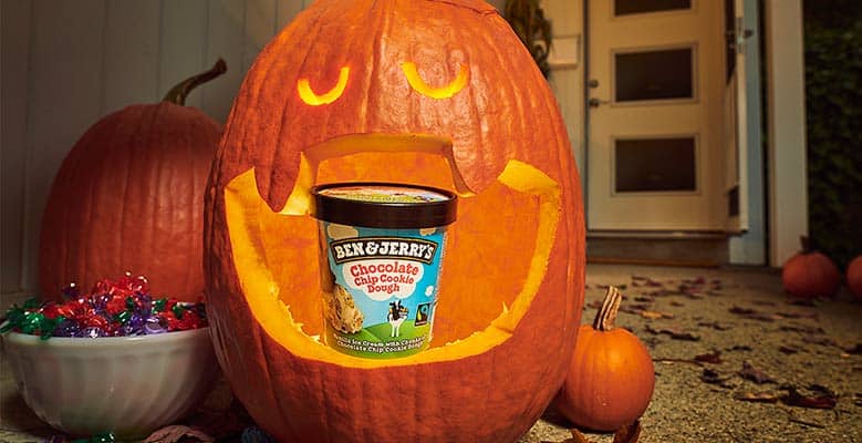 Pumpkin with pint of Ben & Jerry's ice cream